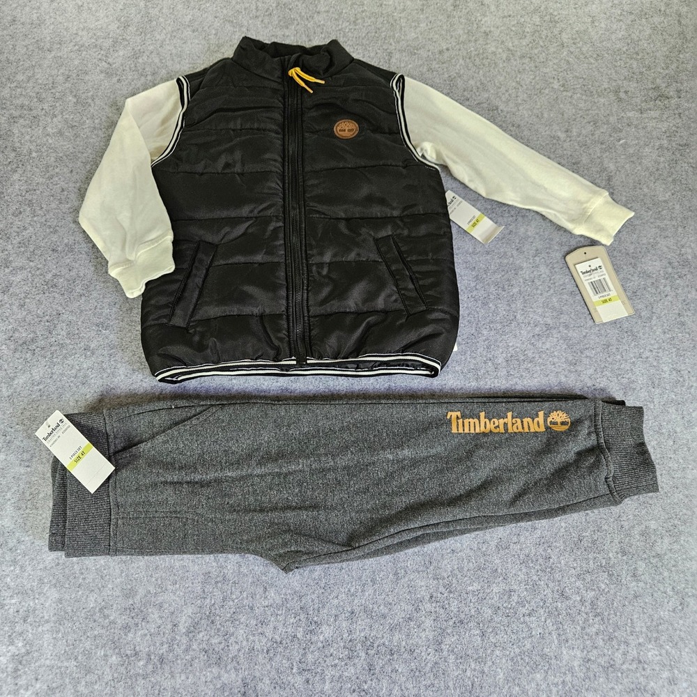 Timberland Toddler Boys 3 Piece Set Puffer Vest Graphic Tee Joggers Black 4T